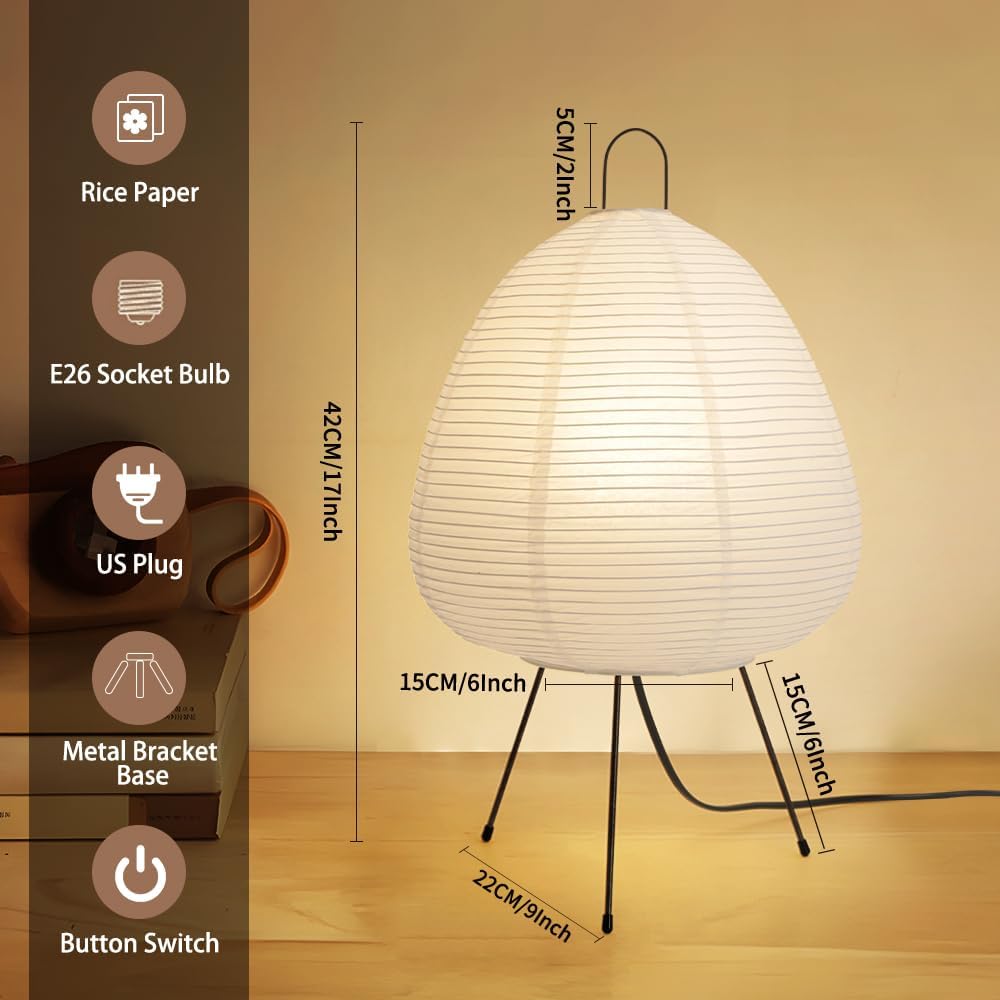 Paper Lamp, Japanese Style Akari Noguchi Table Lamp, Handmade Rice Paper Lantern Lamp for Living Room, Bedroom, Office, Corner