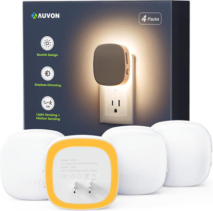 AUVON Plug-in LED Backlit Night Light with Motion Sensor & Dusk to Dawn Sensor, Dimmable Cool White Nightlight with 1-50 lm Adjustable Brightness for Bedroom, Bathroom, Stairs, Hallway (4 Pack)