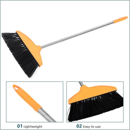 minkissy Soft Bristle Angle Broom for Floor Cleaning, Wide-Angle Room Broom with Orange Handle, Household Sweeping Tool for Indoor and Outdoor Use in Kitchen, Garage, and Patio