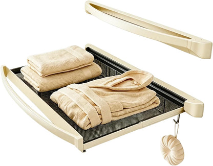 Wall Mount Drying Rack Bathroom Shelf, Retractable Space Saving Organizer with 6 Hooks for Towel Storage, Foldable Laundry Hanging Rack for Kitchen Balcony Bathroom