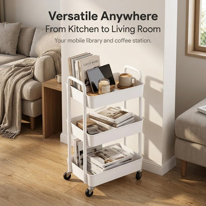 3-Tier Rolling Storage Cart with Wheels - Slim Mobile Utility Cart Organizer Rack, Space-Saving Multi-Functional Rolling Shelf for Kitchen, Bathroom, Laundry Room, Office, White