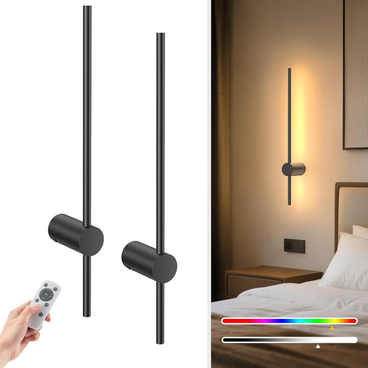 NIORSUN 35.4 Inch Battery Operated Wall Sconce Set of 2,Black Minimalist Rechargeable LED Wall Lights with Remote, 10 Colors Dimmable Wireless Wall Sconce for Living Room Bedroom Hallway