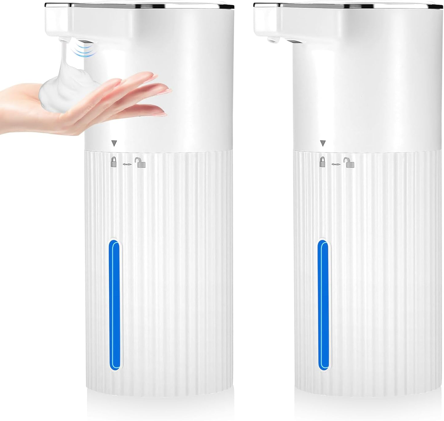 2 Pack Touchless Automatic Soap Dispenser, Smart Sensor Foam Hand Wash Dispenser, USB Rechargeable & Adjustable Customizable for Bathroom Countertop Kitchen Sink, 13.5 oz White Stripes