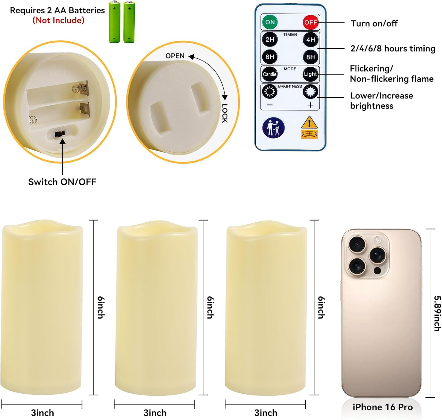 Raycare Outdoor Waterproof Flameless Candles, Battery Operated LED Electric Candles with Remote and Timers, Fake Pillar Candle for Patio, Porch, and Wedding Decor, Ivory, Set of 3(3"x4" 5" 6")