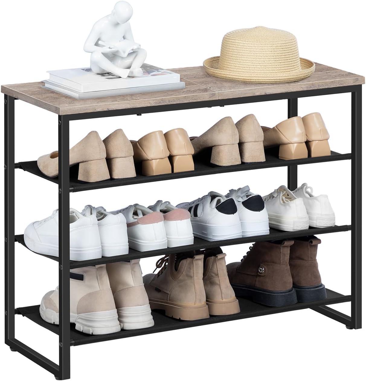 HOOBRO Shoe Rack, 4 Tier Shoe Storage Organizer with 3 Oxford Fabric Shelves and Top Panel, Holds 12-16 Pairs of Shoes for Entryway and Closet, Industrial, Rustic Brown BF47XJ01G1