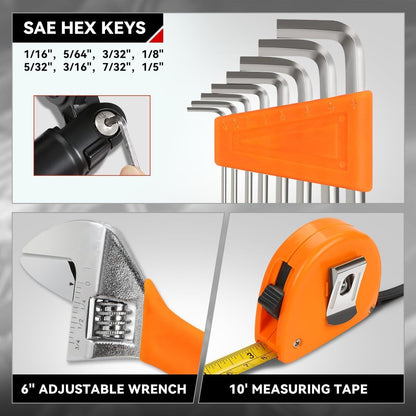 Auto Dynasty Tool Kit for Home 16-Pieces, Basic Household Hand Tool Sets with Hex Key Screwdriver and Adjustable Wrench, All in One Storage Bag for Garage, Home Maintenance, Auto Repair (Orange)