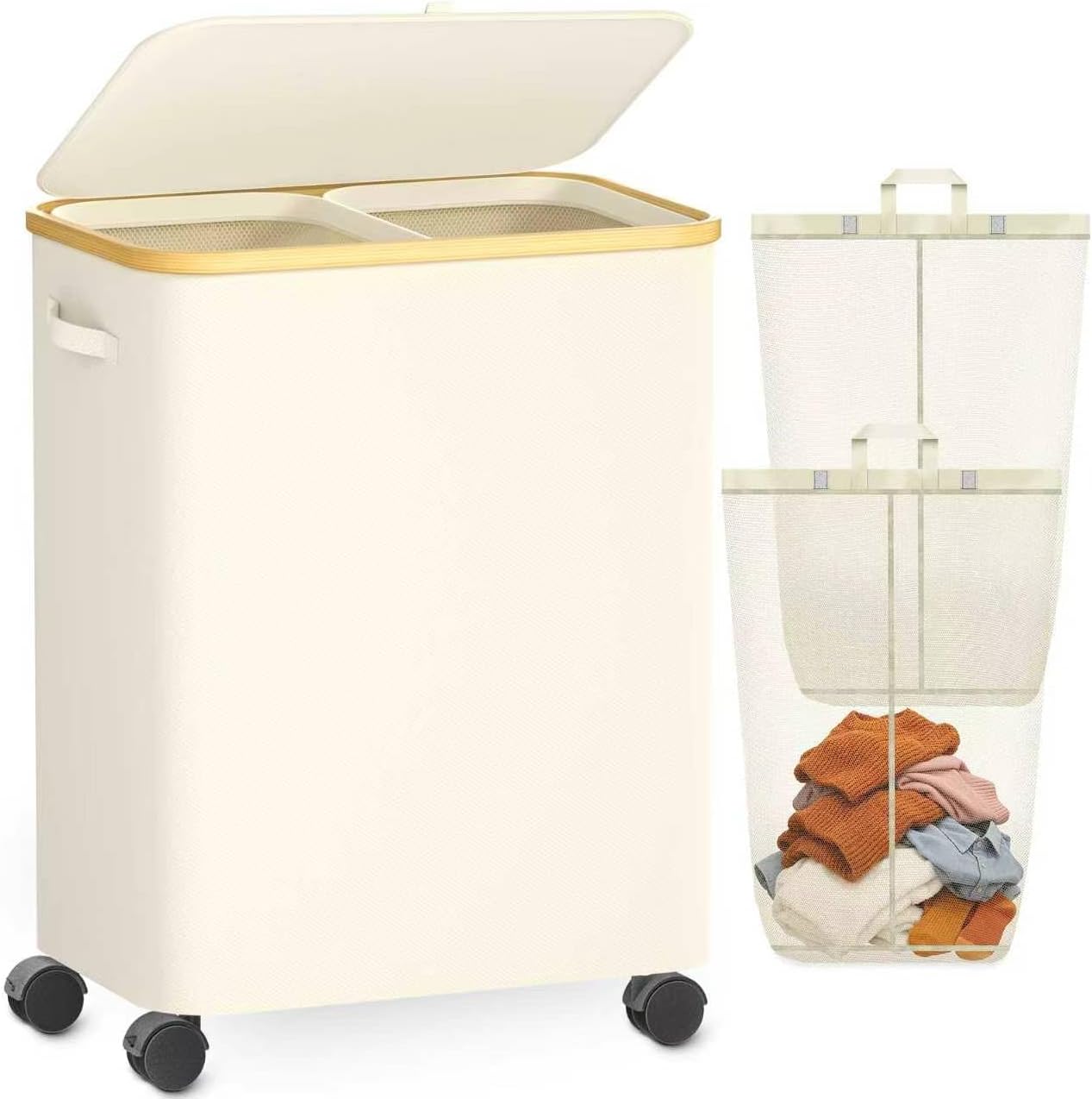 Double Laundry Hamper with Lid and Wheels, 150L Large Laundry Basket with 2 Sections & Removable Liner Bags, Rolling Dirty Clothes Basket with Handles for Bedroom, Bathroom, Dorm, College
