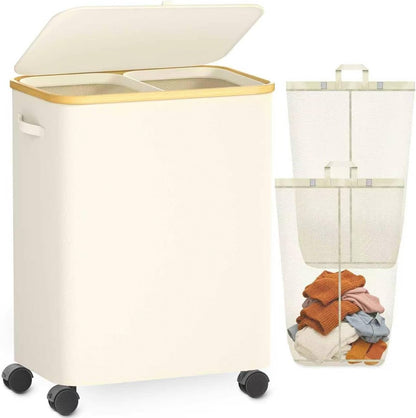 Double Laundry Hamper with Lid and Wheels, 150L Large Laundry Basket with 2 Sections & Removable Liner Bags, Rolling Dirty Clothes Basket with Handles for Bedroom, Bathroom, Dorm, College