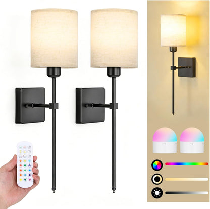 Battery Operated Wall Sconce Set of 2, Black Wireless Wall Lights with Remote 5300mAh Rechargeable Dimmable Bulb, 12 Colors Wireless Wall Sconces for Bedroom Living Room Hallway