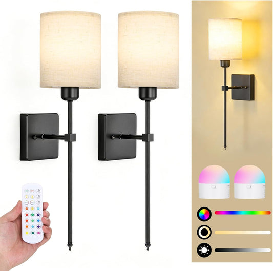 Battery Operated Wall Sconce Set of 2, Black Wireless Wall Lights with Remote 5300mAh Rechargeable Dimmable Bulb, 12 Colors Wireless Wall Sconces for Bedroom Living Room Hallway