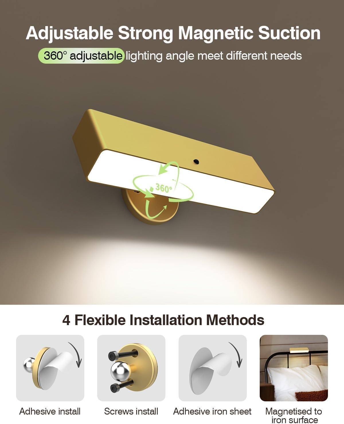 iThird Rechargeable Battery Operated Wall Sconce Set of 2: Wireless Black Wall Lights Battery Powered Magnetic 360° Rotation Cordless Scone Adhesive LED Wall Mount Lamp for Bedroom Reading Picture RV
