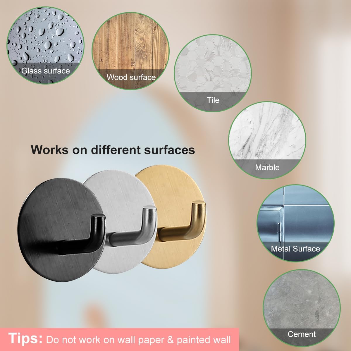 4 Pcs Stainless Steel Adhesive Hooks, Heavy Duty Waterproof in Shower Hook for Hanging Loofah, Towels, Clothes, Robes for Bathroom Removable Adhesive Wall Door Hangers, Black