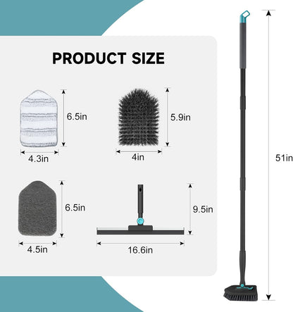nacena Shower Scrubber with Long Handle, 3 in 1 Tile Tub Scrubber Brush with 3 Detachable Cleaning Heads Adjustable Handle Shower Cleaner Brush for Bathroom, Kitchen, Toilet, Wall, Sink, Blue White