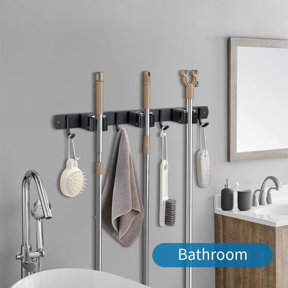 JAMEND CLXP Broom Hanger and Mop Holder, Heavy Duty Garden Tool Organizer Rack Rake and Shovel Handle, Stainless Steel Wall Mounted Utility Rack with Screws (3 Racks with 4 Hooks, Matte Black).