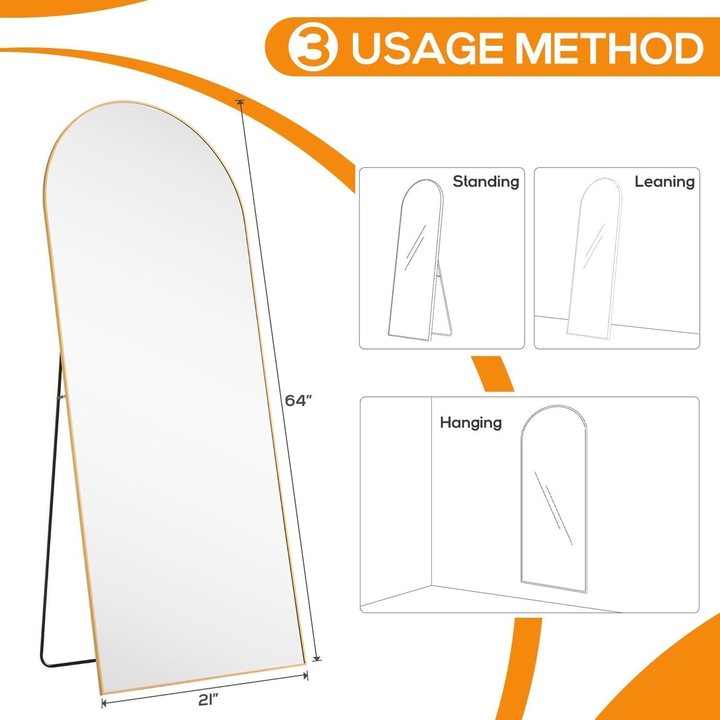 Arched Mirror Full Length, Upgraded 16"x59" Body Wall Mirrors with Shatter-Proof Glass, Floor Standing, Hanging or Leaning, Tall Arch Mirror with Stand Aluminum Alloy Frame for Bedroom, Black