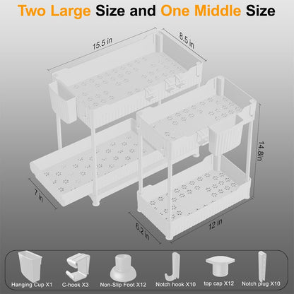 Sevenblue 3-Pack 2-Tier Under Sink Organizers with Sliding Drawers | Multi-use kitchen & bathroom storage, 12.8 inch black cabinet organizer, space-saving sliding drawer design.
