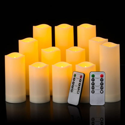 Enpornk Flameless Battery Operated Outdoor Waterproof Set of 12(D: 3" x H: 3" 4" 5" 6") Pillar LED Candles with 10-Key Remote and Cycling 24 Hours Timer