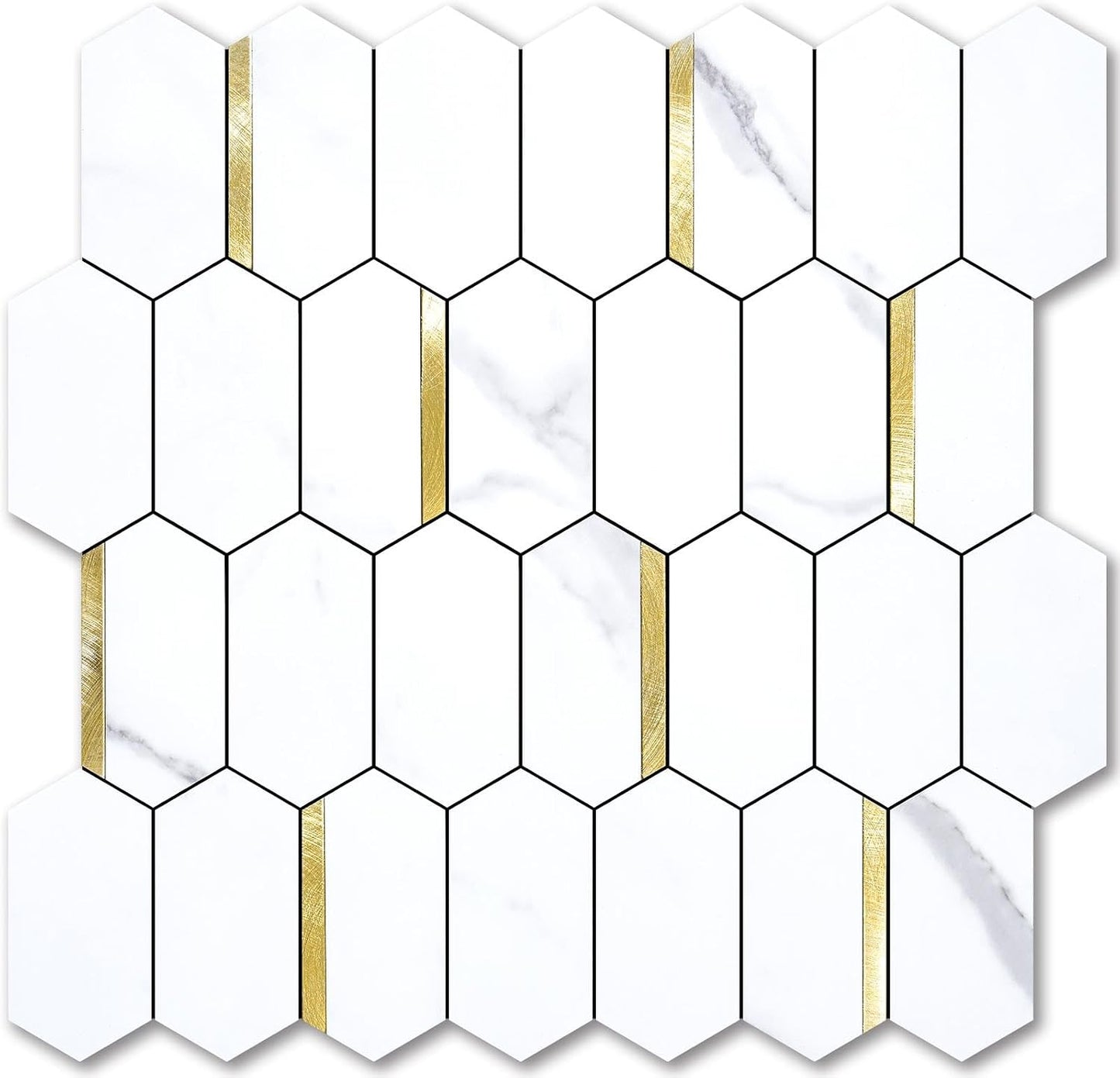 Vamos Tile Long Hexagon Peel and Stick Backsplash Tile - 10 Sheets Stick on Backsplash for Kitchen and Bathroom 12.4 x 12 Inch Glossy Wood Grain PVC Self Adhesive Mosaic Wall Tiles