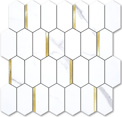Vamos Tile Long Hexagon Peel and Stick Backsplash Tile - 10 Sheets Stick on Backsplash for Kitchen and Bathroom 12.4 x 12 Inch Glossy Wood Grain PVC Self Adhesive Mosaic Wall Tiles