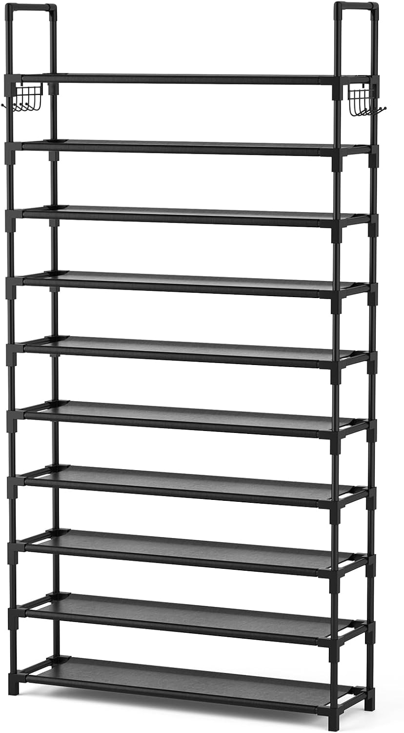 VTRIN 10 Tiers Tall Shoe Rack Holds 20-25 Pairs of Shoes Sturdy Vertical Shoe Organizer with 18pcs Hooks Stackable Narrow Shoe Rack for Closet, Entryway Black