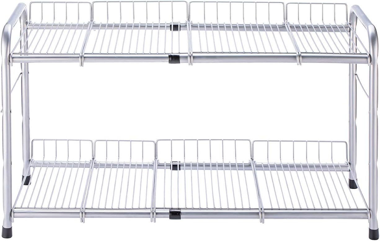 FlagShip 2 Tier Under Sink Organizers and Storage Rack Expandable Cabinet Shelf for Kitchen Bathroom Silver (17-25 inches)