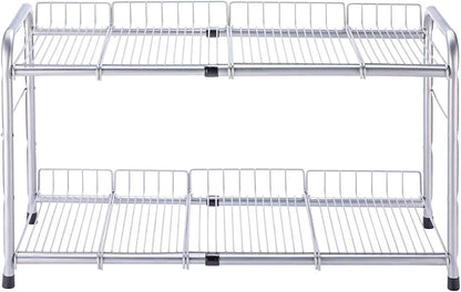 FlagShip 2 Tier Under Sink Organizers and Storage Rack Expandable Cabinet Shelf for Kitchen Bathroom Silver (17-25 inches)