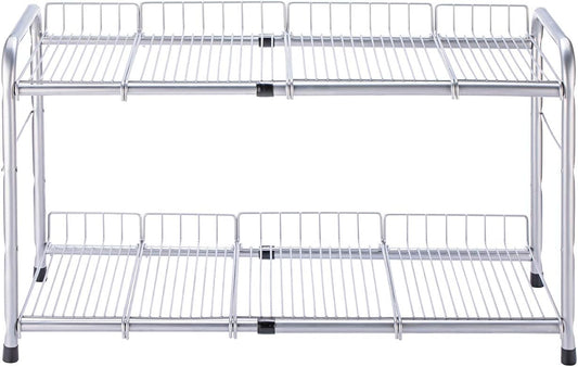 FlagShip 2 Tier Under Sink Organizers and Storage Rack Expandable Cabinet Shelf for Kitchen Bathroom Silver (17-25 inches)