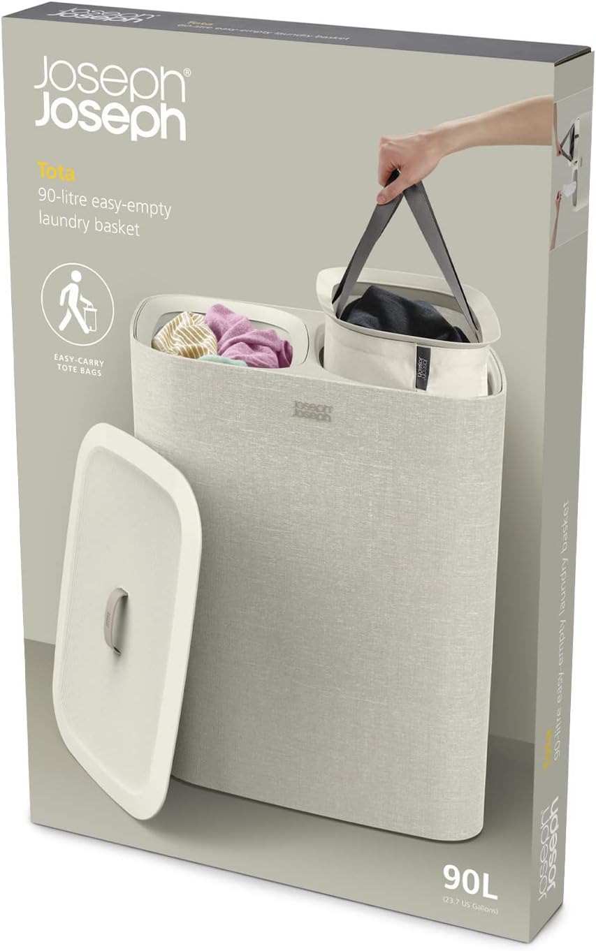 Joseph Joseph Tota Trio 90 liter/23.8 gallon Laundry Hamper Separation Basket with lid, 3 Removable Washing Bags with Handles- Ecru