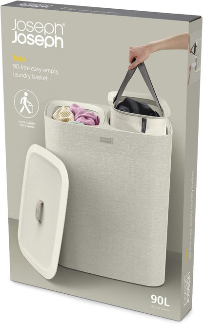 Joseph Joseph Tota Trio 90 liter/23.8 gallon Laundry Hamper Separation Basket with lid, 3 Removable Washing Bags with Handles- Ecru
