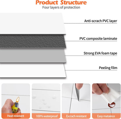 80-Piece Polished White Thick PVC Peel and Stick Backsplash, 2" x 8" Waterproof Subway Tile Peel and Stick Wall Tiles for Kitchen and Bathroom