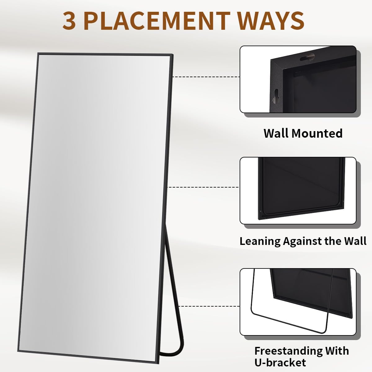 VooBang Mirror Full Length - 21" x 57" Floor Mirror with Stand, Aluminum Alloy Frame Full Body Mirror, Standing Hanging or Leaning Against Wall for Bedroom and Living Room, Black
