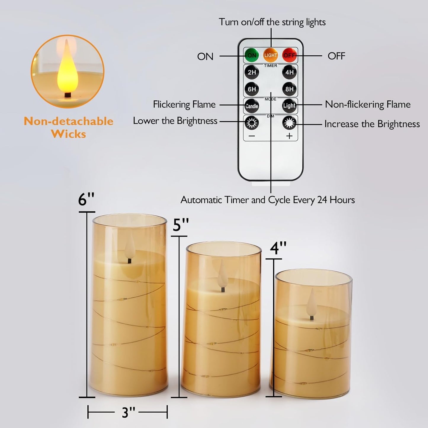 Amagic Red Flameless Candles 3 Set, Flickering Battery Operated Candles Embedded Fairy String Light, Realistic Pillar Candle with Remote Control and Timer, Acrylic, D3 x H4 5" 6"