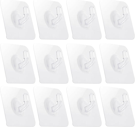 COMNICO 12 Pack Adhesive Hooks Clear Plastic Waterproof Heavy Duty Sticky Wall Ceiling Door Window Pothook Home Kitchen Bathroom Shower Office for Hanging Hat Towel Picture Coats (12)