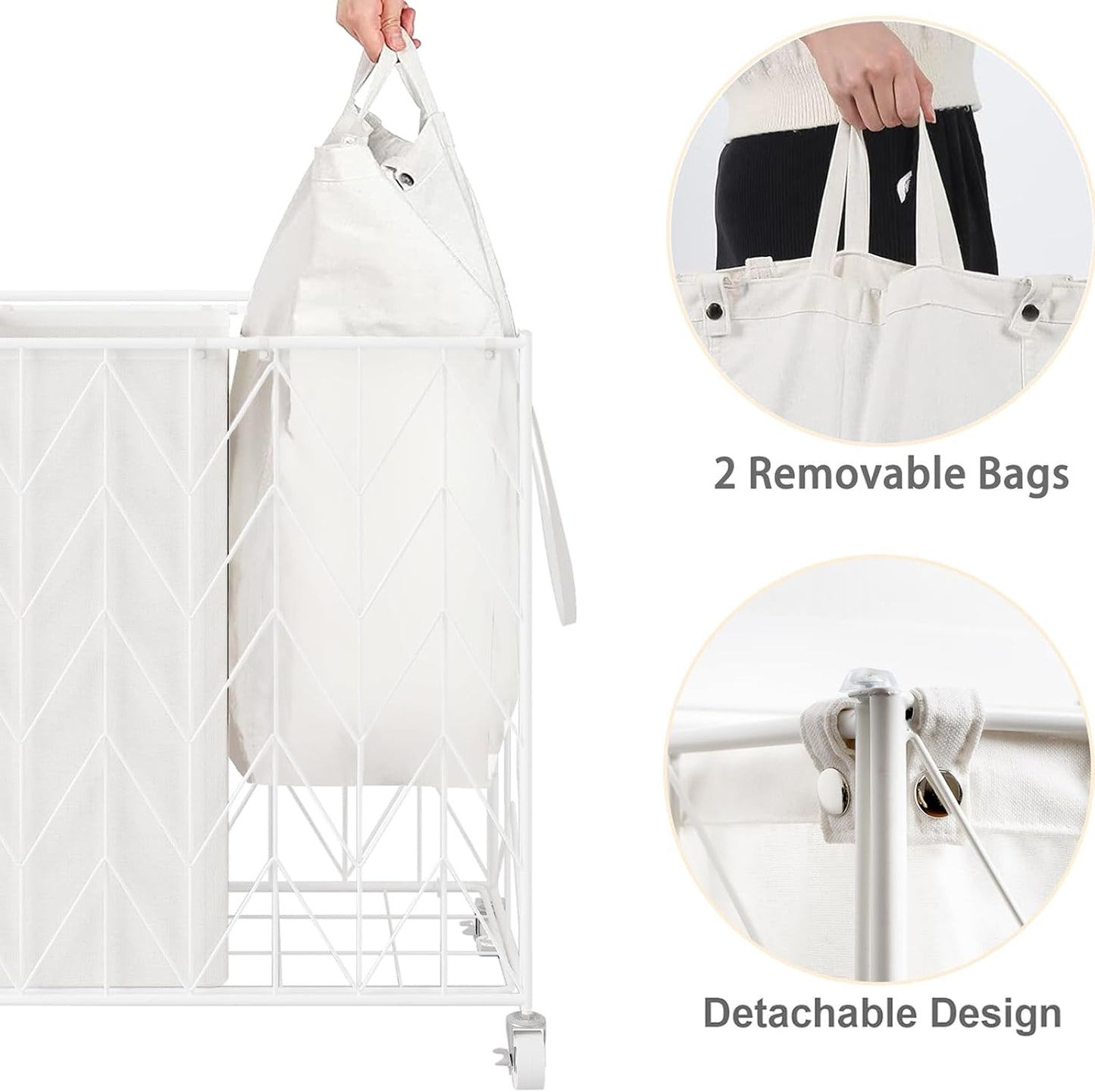 WOWLIVE Laundry Basket with Wheels, 142L Laundry Hamper 3 Section with Lid, Dirty Clothes Hamper with Removable Bags, Large Capacity Iron-Made Laundry Basket Organizer Laundry Sorter for Dorm, White