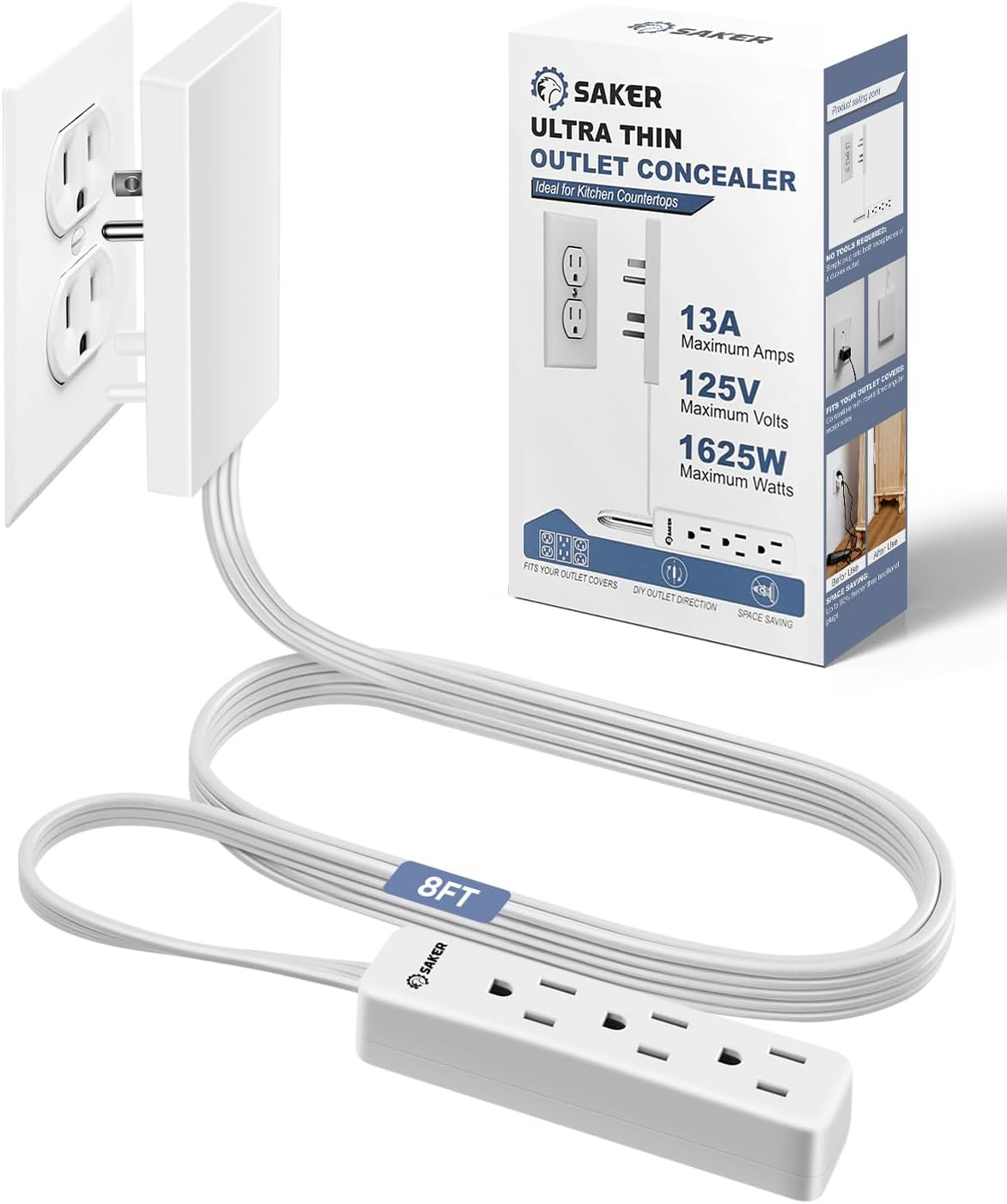 Saker Outlet Concealer Power Strip | 5ft Flat Plug Extension Cord with 3 Outlets,1625W | Universal Size Outlet Cover Baby Proofing | Cover Extension Cord for Kitchen, Home and Office