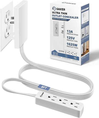 Saker Outlet Concealer Power Strip | 5ft Flat Plug Extension Cord with 3 Outlets,1625W | Universal Size Outlet Cover Baby Proofing | Cover Extension Cord for Kitchen, Home and Office