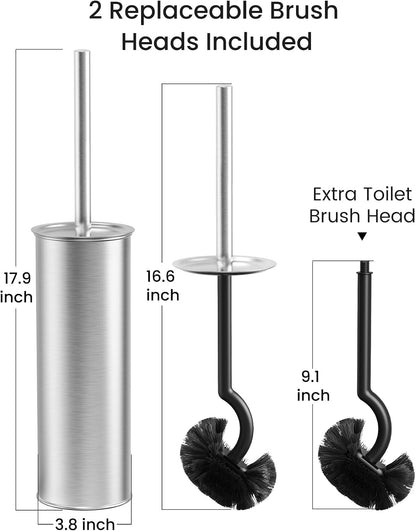 Cesun Toilet Brush and Holder Set with 2 Brush Heads, Curved Toilet Bowl Brush for Under Rim Cleaning, 304 Stainless Steel Holder, Long Handle Toilet Scrubber, Black