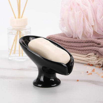 Soap Holder with Drain, Ceramic Soap Dish Self-Draining Bar Soap Tray for Shower Bathroom Kitchen, Black