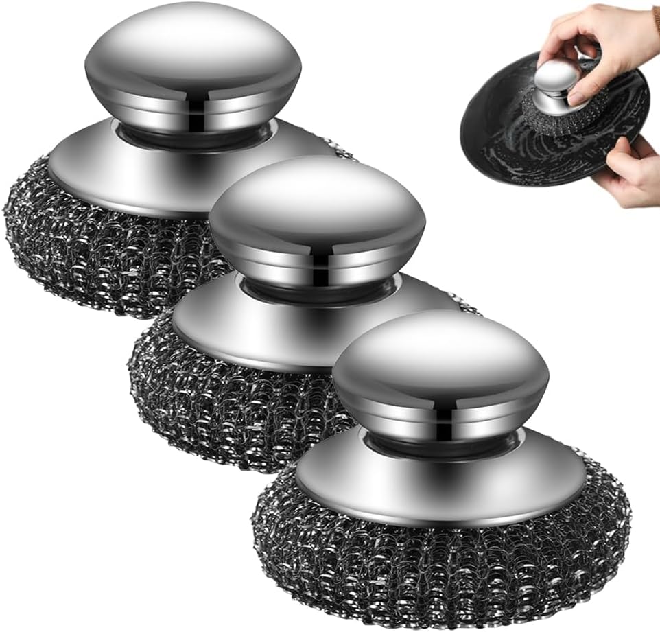 Steel Wool Scrubber with Handle, Upgrade Heavy Duty Stainless Steel Dish Scrubber for Cleaning Dishes, Iron Pots, Stoves, Kitchen Sink (1 pcs)