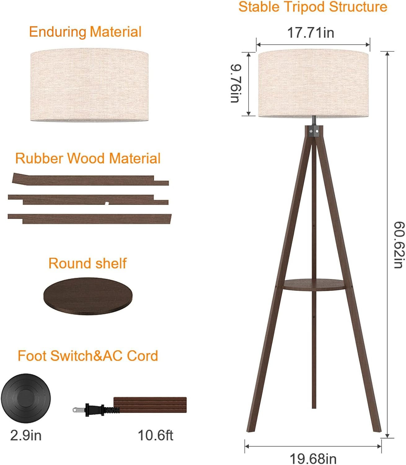 LEPOWER Tripod Floor Lamp, Mid Century Wood Standing Lamp, Modern Design Shelf Floor Lamp for Living Room, Bedroom, Office, Flaxen Linen Shade with E26 Base Brown