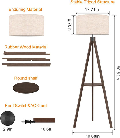 LEPOWER Tripod Floor Lamp, Mid Century Wood Standing Lamp, Modern Design Shelf Floor Lamp for Living Room, Bedroom, Office, Flaxen Linen Shade with E26 Base Brown