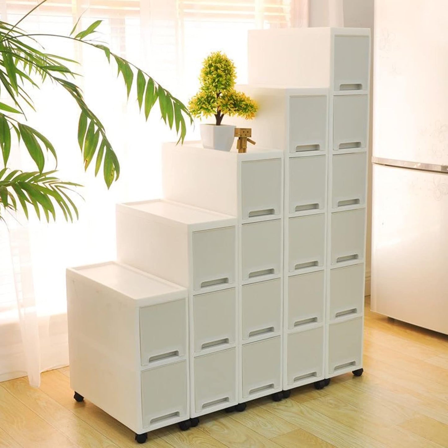 7in Narrow Slim Rolling Storage Cart, 4 Tier Kitchen Small Bathroom Storage Cabinet Beside Fridge Small Plastic Rolling Shelf with Drawers
