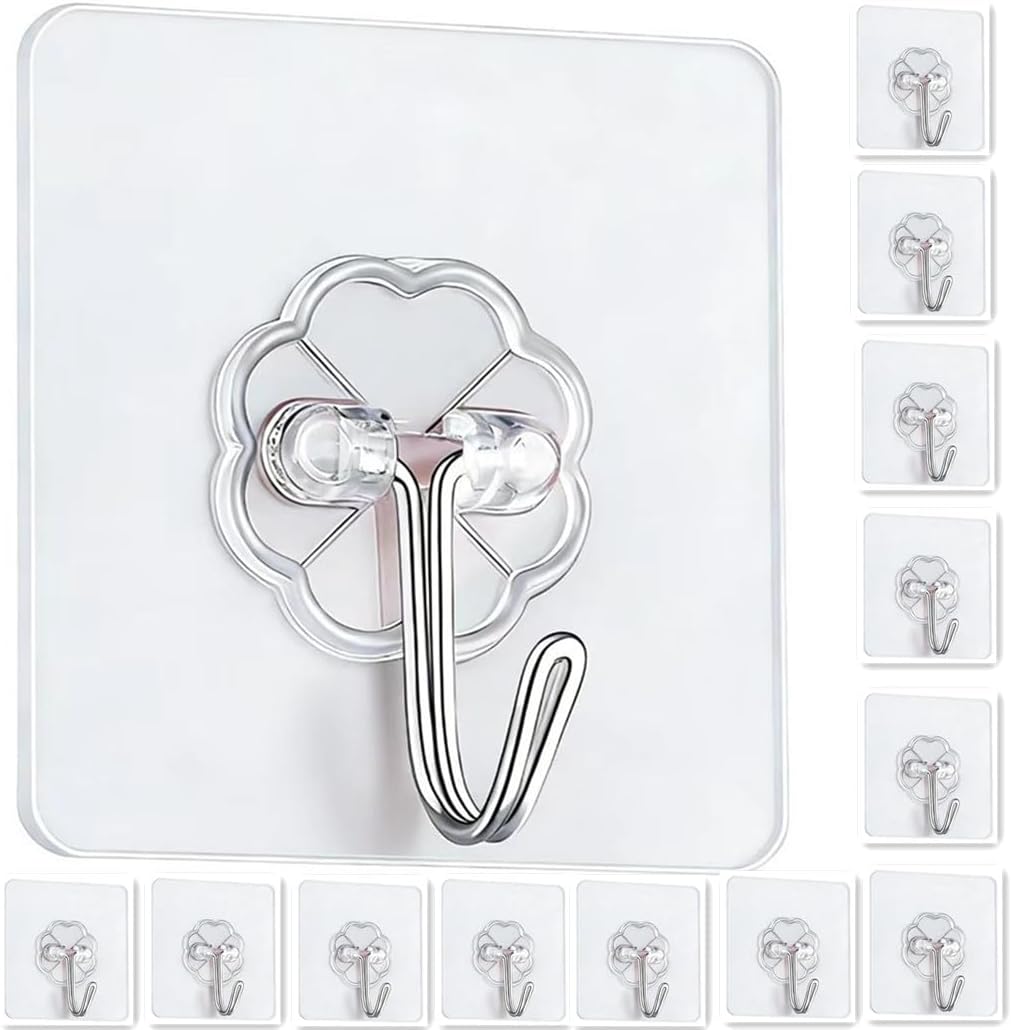 Adhesive Hooks - Heavy Duty Sticky Wall Hooks for Hanging, Removable Waterproof Hooks for Bathroom Kitchen, Damage-Free Transparent Hooks 12pcs