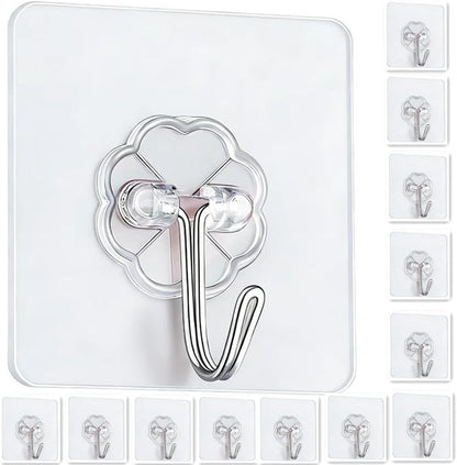 Adhesive Hooks - Heavy Duty Sticky Wall Hooks for Hanging, Removable Waterproof Hooks for Bathroom Kitchen, Damage-Free Transparent Hooks 12pcs