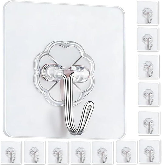Adhesive Hooks - Heavy Duty Sticky Wall Hooks for Hanging, Removable Waterproof Hooks for Bathroom Kitchen, Damage-Free Transparent Hooks 12pcs