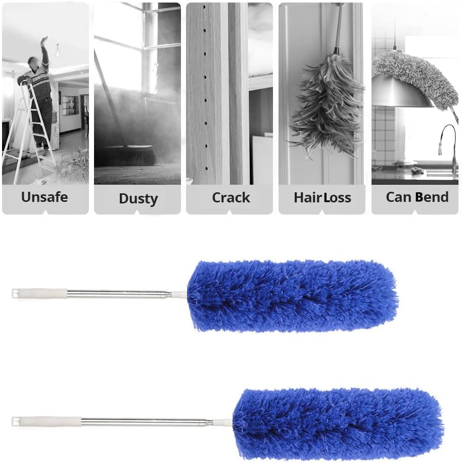 Microfiber Telescoping Duster, 51.18"Extendable, Scratch-Resistant Cover, Stainless Steel Pole, Detachable Bendable Head, Washable, for High Ceilings for Cleaning Cobweb, High Ceiling Fan, Blue
