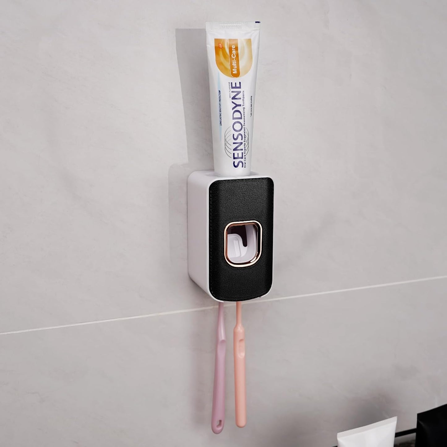 2 Slot Toothbrush Holder and Toothpaste Dispenser Wall Mounted, Automatic Toothpaste Squeezer, 2 in 1 Tooth Brush Toothpaste Organizer for Shower (Grey)