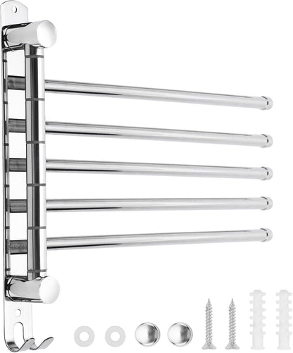 5-Arm Swivel Towel Rack - 180° Rotating Wall Mounted, 304 Stainless Steel Rustproof, Heavy Duty Bathroom Accessories, Space Saving Towel Organizer for Bathroom Kitchen Laundry - Pearl White