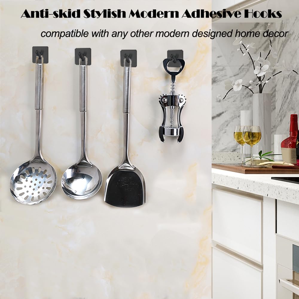 Fotosnow Matte Black Adhesive Wall Hooks, 15lbs Locking Curve Anti Slip Stainless Steel No Drill Stick On Hooks for Bathroom Shower Towel Coat Kitchen
