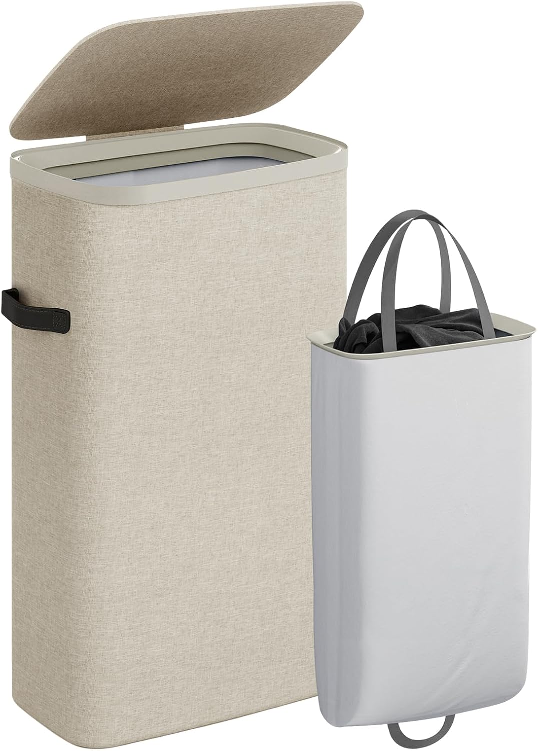 CASAMAYA Laundry Basket with Lid, Laundry Hamper 3 Section, 190L collapsible Laundry Organizer, Easy Assembly, with Handles and Removable Liners, 25.2 x 15.7 x 29.5 Inches, Beige JSP904M